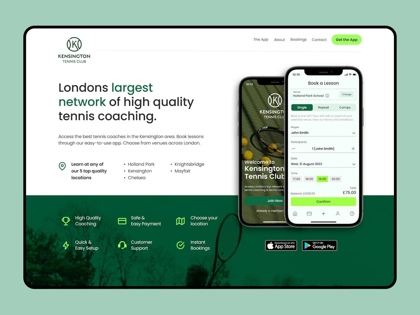Mockup of a screen design for Kensington Tennis Club